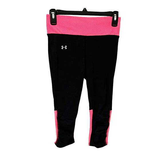 UNDER ARMOUR MID RISE LEGGINGS, GIRLS, 11/12, BLACK W/PINK TRIM, SHE’S A FIGHTER - Picture 1 of 11